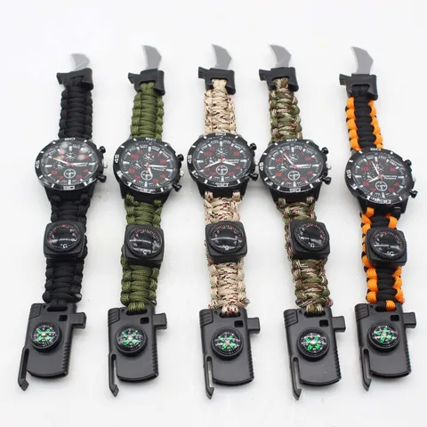 Multifunctional Survival Paracord Watch Outdoor Emergency Quartz Watch With Compass And Fire Starter Polyester Strap