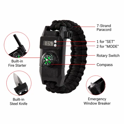 Outdoor Survival Paracord Bracelet With Electronic Watch Compass Multi-Function Handmade Woven Gear For Men Women