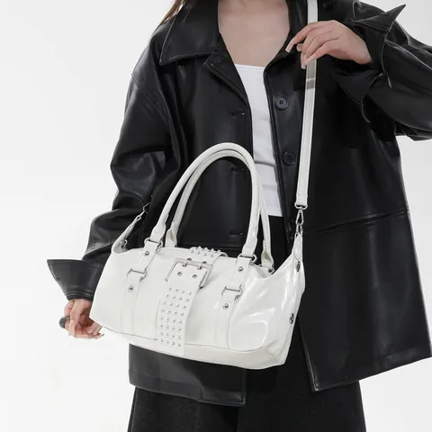 Women Retro Rivet Motorcycle Handbag PU Leather Punk Shoulder Crossbody Bag With Metal Buckle Decorative Pillow Shape Commuter Purse