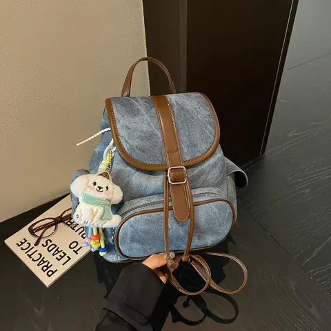 Women Fashion PU Leather Denim Splicing Backpack Large Capacity Casual Travel School Bag Drawstring Flip Cover Stylish Daypack