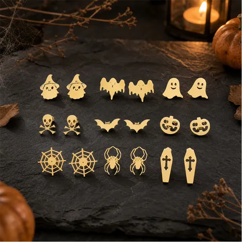 Halloween Gold Stainless Steel Stud Earrings Spooky Ghost Pumpkin Bat Spider Web Cross Skeleton Skull Gothic Earrings Unisex Jewelry