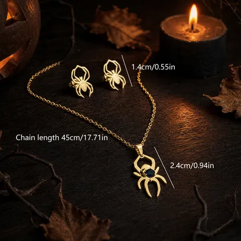 Halloween Stainless Steel Spider Jewelry Set For Women Punk Gothic Rhinestone Necklace Earrings Gothic Party Accessories