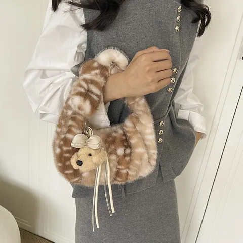 Bolso Dumpling de Peluche para Mujer Otoño Invierno Patrón de Ciervo Bolso de Mano Pequeño Tote Bag Con Lindo Colgante Estilo Coreano Moda