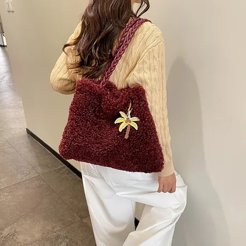 Bolso Tote de Peluche para Mujer Bolso de Hombro de Piel Sintética Gran Capacidad Con Asa Tejida Bolso Shopper Casual Diario