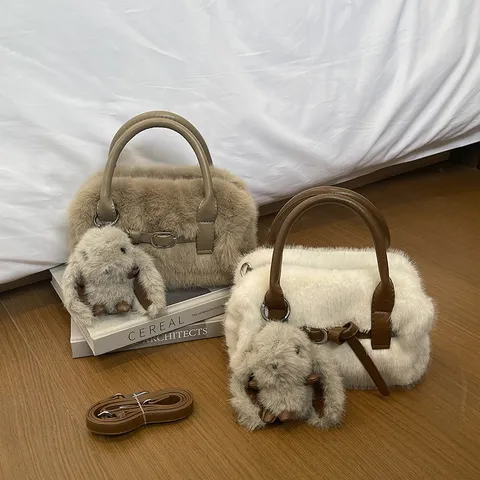 Women's Trendy Fuzzy Plush Pillow Bag Autumn Winter Soft Faux Fur Crossbody Bag Chic Versatile Small Shoulder Bag With Bunny Charm