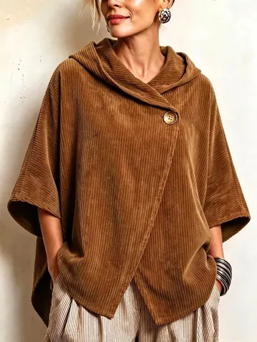 Veste à Capuche en Velours Côtelé pour Femme Style Décontracté Coupe Ample Boutons Obliques Cape Manteau Automne Hiver