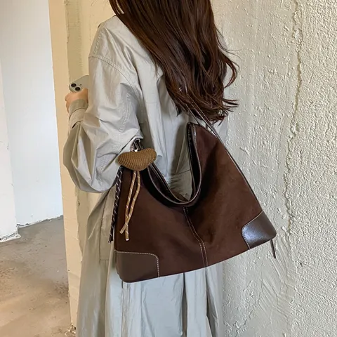 Vrouwen Grote Capaciteit Vintage PU Suède Look Tote Bag Mat Schulter Emmer Hobo Tas Retro Slouchy Woon-werkverkeer Handtas