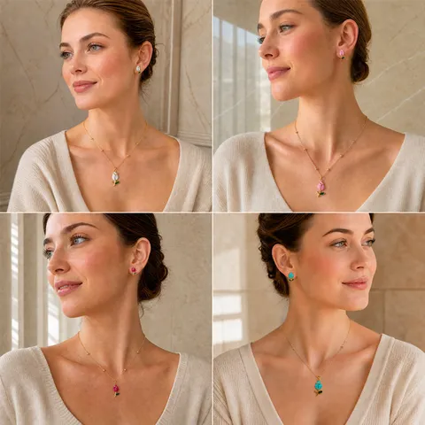 Stainless Steel Enamel Rose Flower Necklace Earring Jewelry Set Colorful Floral Pendant Clavicle Chain For Women Jewelry Gift