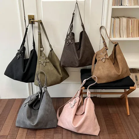 Dames Geweven Tote Bag Retro PU Leer Schoudertas Casual Woon-werkverkeer Slouchy Hobo Tas Grote Capaciteit Mode Handtas