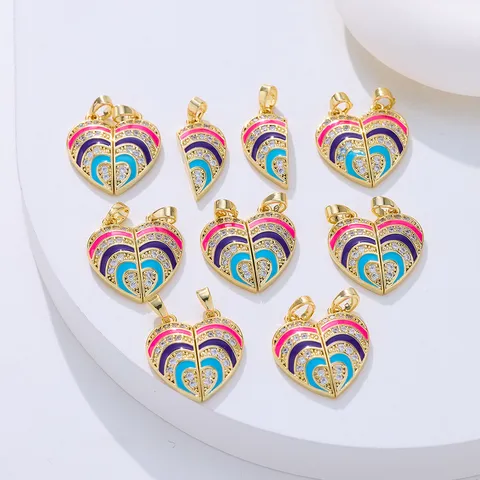 Copper Heart Magnetic Pendant Colorful Oil Drop Full Zircon Heart Shaped Charm Fashion Jewelry Gift For Women
