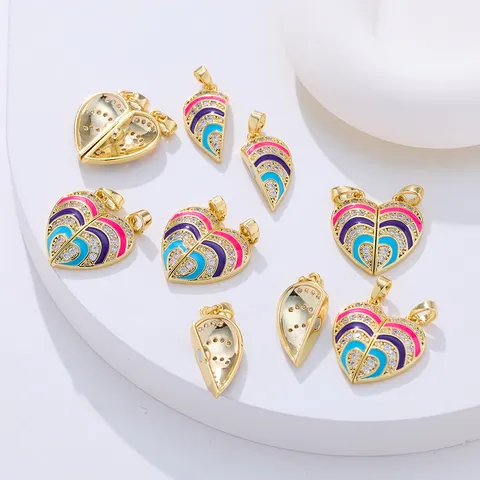 Copper Heart Magnetic Pendant Colorful Oil Drop Full Zircon Heart Shaped Charm Fashion Jewelry Gift For Women