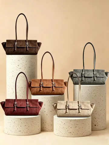 Damen Echtes Leder Umhängetasche Retro Casual Tote Tasche Achseltasche Metall Schnalle Riemen Dekor Damen Pendler Handtasche