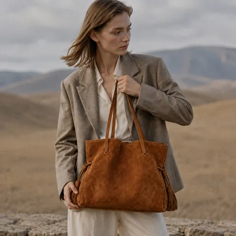 Vintage Große Kapazität Suede Rindsleder Tote Tasche Für Damen Mode Quaste Umhängetasche Lässige Tägliche Pendler Handtasche
