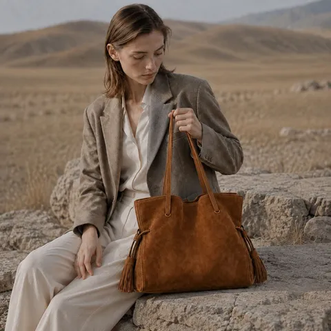 Vintage Große Kapazität Suede Rindsleder Tote Tasche Für Damen Mode Quaste Umhängetasche Lässige Tägliche Pendler Handtasche