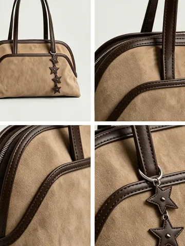 Damen Geschliffenes Rindsleder Bowlingtasche Große Kapazität Lässige Pendler Top Handle Handtasche Vintage Wildleder Umhängetasche