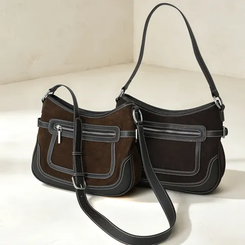 Echtes Leder Unterarm Tasche Für Damen Retro Wildleder Patchwork Umhängetasche Lässige Pendler Handtasche