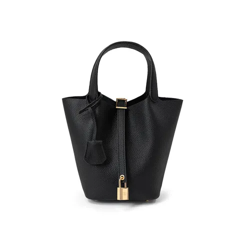 Damen Leder Eimer Tasche Große Kapazität Pendler Handtasche Einfarbig Metall Schloss