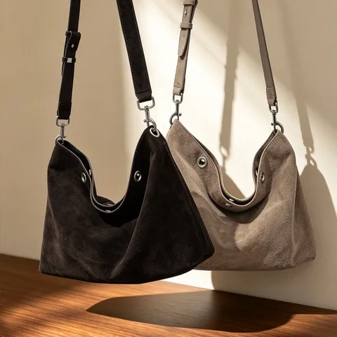 Damen Vintage Wildleder Rindsleder Schultertasche Minimalistische Hobo Crossbody Tasche Mit Ösendetail Schicke Pendler Tote