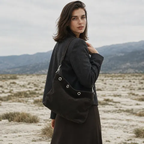 Damen Vintage Wildleder Rindsleder Schultertasche Minimalistische Hobo Crossbody Tasche Mit Ösendetail Schicke Pendler Tote