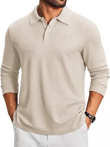 Men's Casual Long Sleeve Polo Shirt Solid Color Cotton Knitted Top Business Slim Fit Fall Winter Fashion Basic Pullover