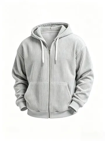 Men's Casual Hooded Zipper Hoodie Solid Color Vertical Stripe Loose Drop Shoulder Jacket Polyester Sweatshirt Top For Autumn