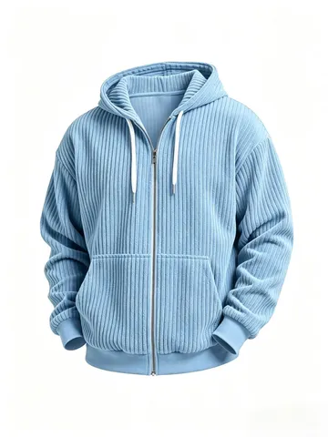 Men's Casual Hooded Zipper Hoodie Solid Color Vertical Stripe Loose Drop Shoulder Jacket Polyester Sweatshirt Top For Autumn
