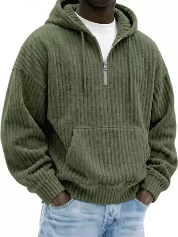 Men's Heavyweight Corduroy Hoodie Solid Color Casual Loose 1/4 Zip Pullover Hooded Sweatshirt With Kangaroo Pocket Long Sleeve Top