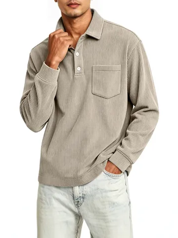Men Casual Corduroy Texture Polo Shirt Long Sleeve Turndown Collar Loose Fit Polyester Pullover Top With Chest Pocket For Autumn