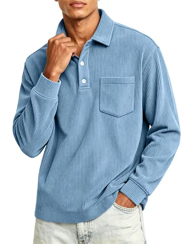 Men Casual Corduroy Texture Polo Shirt Long Sleeve Turndown Collar Loose Fit Polyester Pullover Top With Chest Pocket For Autumn