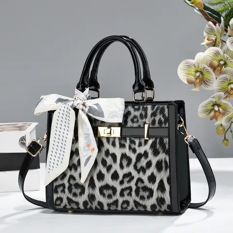 Borsa a Mano da Donna alla Moda con Stampa Leopardata Grande Capacità in Pelle PU Borsa Tote Pendolare con Fiocco e Tracolla