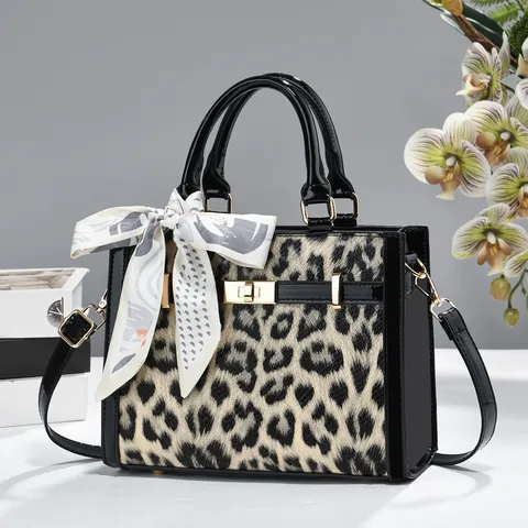 Borsa a Mano da Donna alla Moda con Stampa Leopardata Grande Capacità in Pelle PU Borsa Tote Pendolare con Fiocco e Tracolla