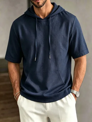 Men's Casual Cotton Hooded T-Shirt Solid Color Short Sleeve Pullover Loose Fit Summer Hoodie Top With Kangaroo Pocket