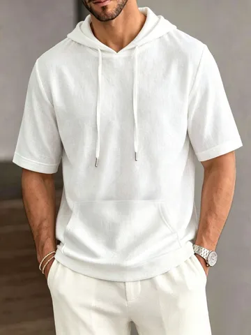 Men's Casual Cotton Hooded T-Shirt Solid Color Short Sleeve Pullover Loose Fit Summer Hoodie Top With Kangaroo Pocket