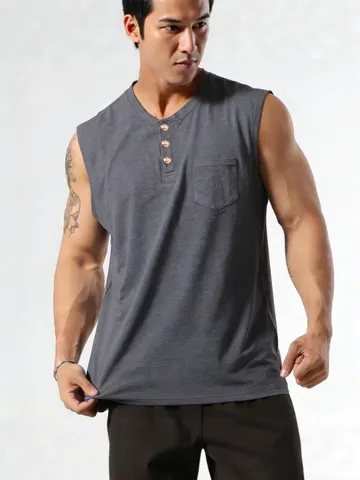 Men's Henley Tank Top Cotton Blend Casual Sleeveless Top With Buttons Chest Pocket Summer Patchwork Sports Vest For Men