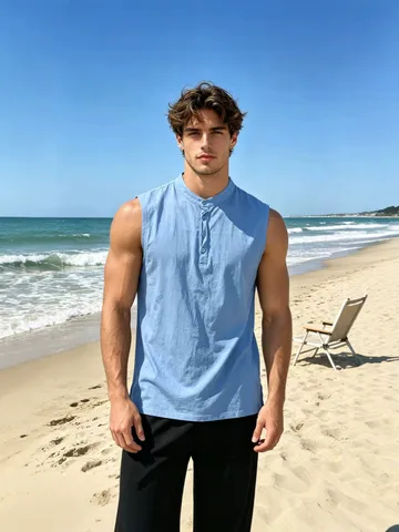 Men Casual Linen Sleeveless Vest Henley Round Neck Button Front Summer Beach Sport Tank Top Breathable Lightweight Solid Color Vest