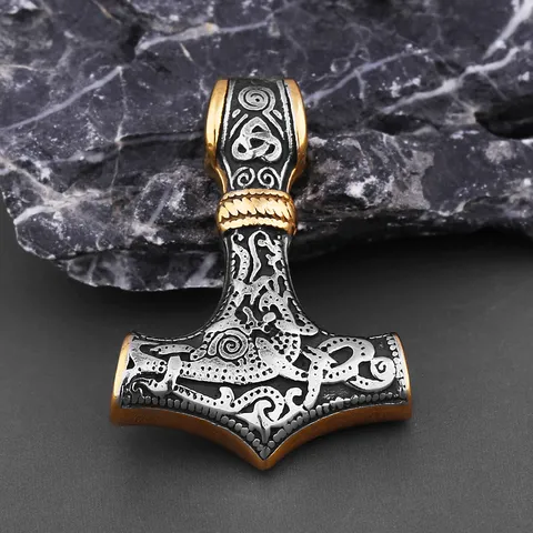 Viking Thor Hammer Mjolnir Pendant Necklace Stainless Steel Retro Odin Nordic Totem Hip Hop Punk Style Jewelry For Men Women