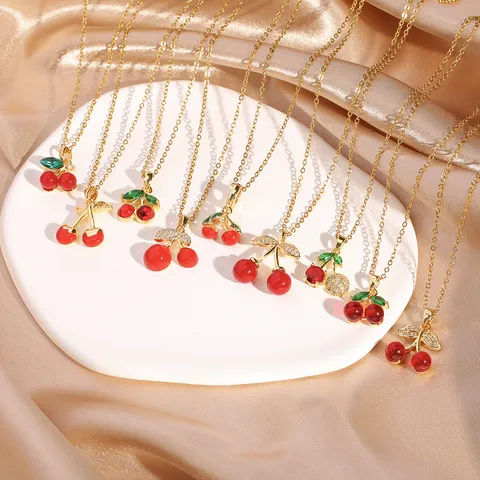 Dulce Fresa Cereza Circonia Colgante Acero Inoxidable Collar Chapado En Oro Joyería De Moda Regalo Para Mujer