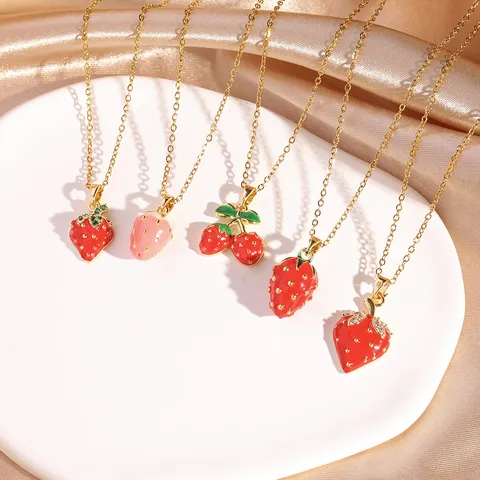 Dulce Fresa Cereza Circonia Colgante Acero Inoxidable Collar Chapado En Oro Joyería De Moda Regalo Para Mujer