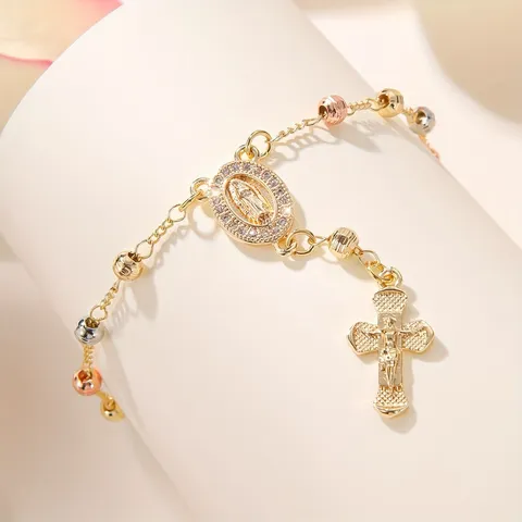 Tri-Color Metal Bead Cross Pendant Bracelet Gold Plated Copper Inlaid Zirconia Religious Blessing Blessing Wristlet Jewelry For Women