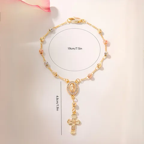 Tri-Color Metal Bead Cross Pendant Bracelet Gold Plated Copper Inlaid Zirconia Religious Blessing Blessing Wristlet Jewelry For Women