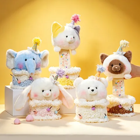 Cute Birthday Cake Plush Toy Creative Animal Bear Rabbit Elephant Stuffed Doll With Party Hat Retractable Fun Doll For Kids Gift Home Decoration