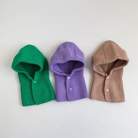 Kinder Winter Warm Gestrickte Balaclava Mütze Und Schal Set Einfarbig Süß Kind Verdickt Winddicht Kapuze Latz Mütze