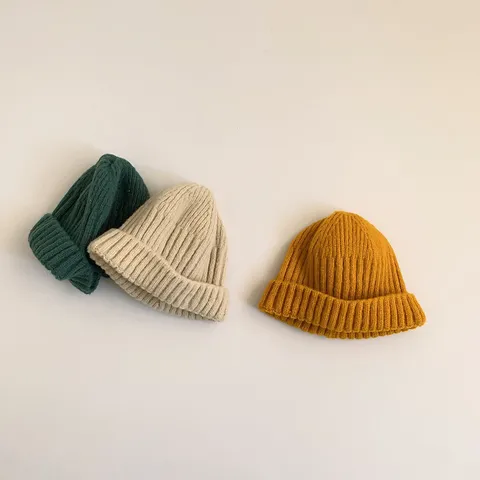 Kinder Beanie Mütze Winter Warm Strick Einfarbig Kuppel Krempenlos Rollrand Mütze Tägliche Outdoor Kinder Wollmütze