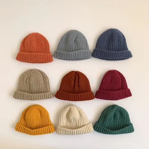 Kinder Beanie Mütze Winter Warm Strick Einfarbig Kuppel Krempenlos Rollrand Mütze Tägliche Outdoor Kinder Wollmütze