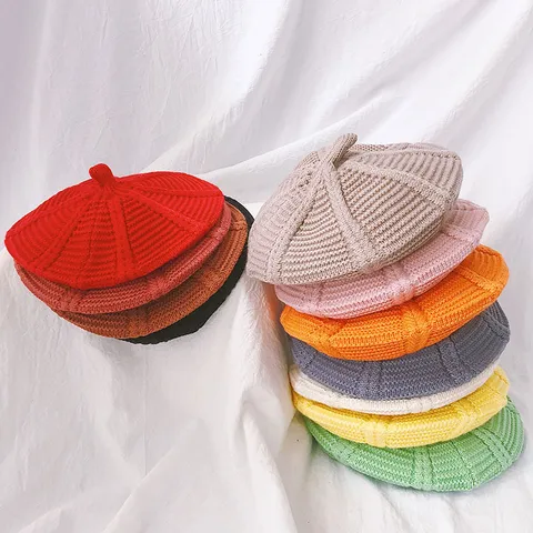 Kinder Einfarbig Baretthut Herbst Winter Warm Achteckiger Hut Kinder Weiche Strick Baret Mütze Junge Mädchen Casual Kopfbedeckung