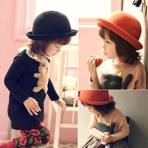 Kinder Wollfilz Kuppel Melone Britischer Stil Kinder Klassische Mode Einfarbig Winter Warm Casual Kappe
