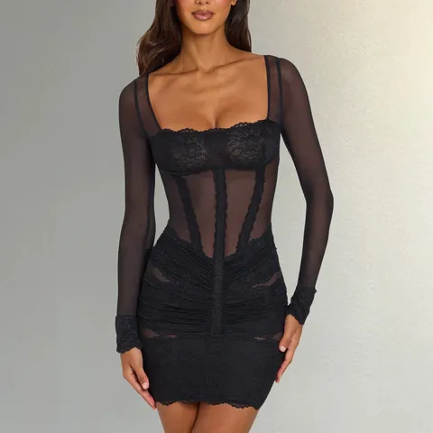 Women Square Neck Mesh Lace Dress Fishbone Ruched Sexy Transparent Long Sleeve Bodycon Mini Dress Slim Patchwork Party Nightclub Wear