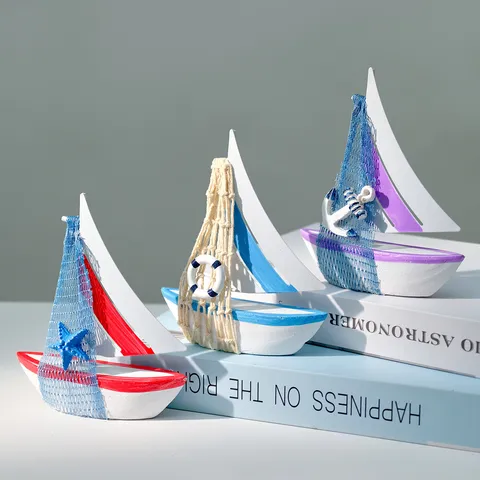 Stile Mediterraneo Modello di Barca a Vela in Latta Decorazione Nautica in Legno per Cameretta Soggiorno