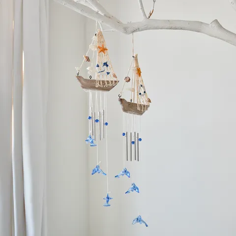Campana de Viento de Madera Estilo Mediterráneo Adorno Colgante Creativo Decoración del Hogar Marina Colgante de Pared de Barco de Madera