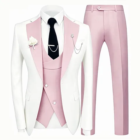 Men's Slim Fit 3-Piece Suit Set Formal Business Tuxedo Wedding Party Jacket Vest Pants Set Polyester Viscose Blend Suits